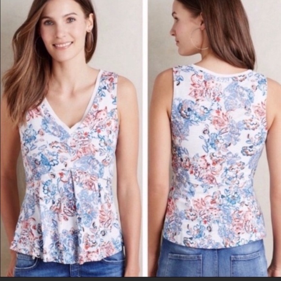Anthropologie's Deletta Amalia Floral Print Tank Top Peplum Small w MEASUREMENTS - Picture 1 of 8